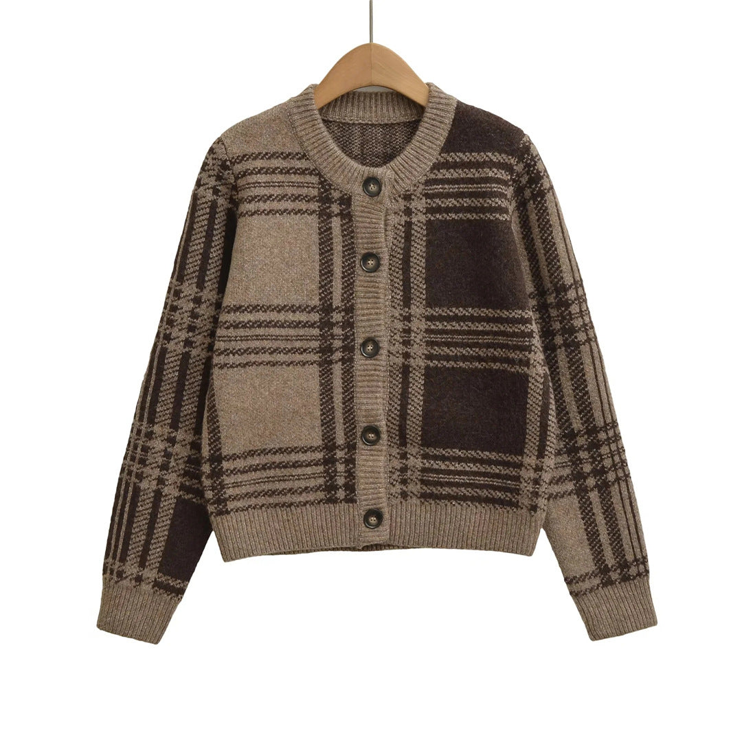 Style Retro Checkered Knit Cardigan Coat for Women, Round Neck, Single Button, Short Length, Thickened Sweater