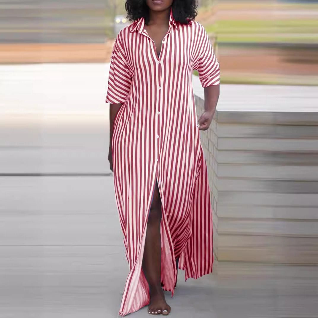 Mighty Lifestyle Loose V-Neck Long Striped Shirt Dress for Women