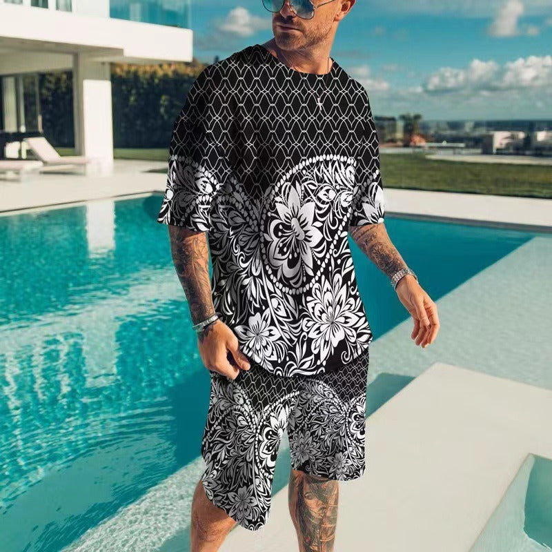 Colby Men’s 3D Printed Two-Piece Set – Short Sleeve Round Neck Shirt and Shorts for Streetwear, Gym, and Casual Style | 3D printed men's round neck short sleeved casual T-shirt set for men