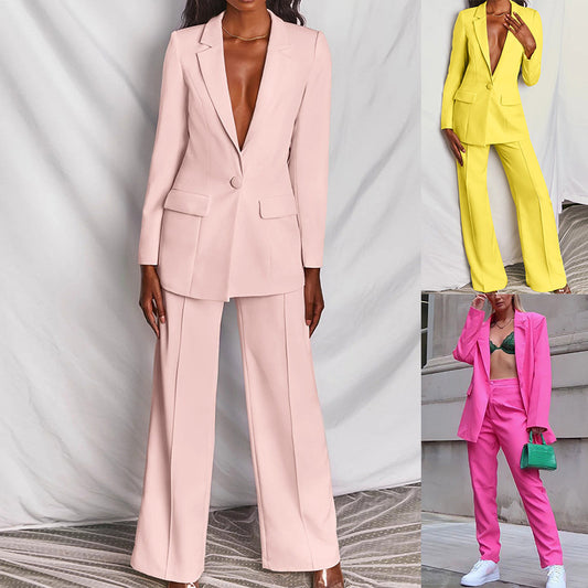 Jessamyn Suit |  Solid Color Retro Long Sleeved Pants Suit Small Suit Temperament Commuter V-Neck Suit