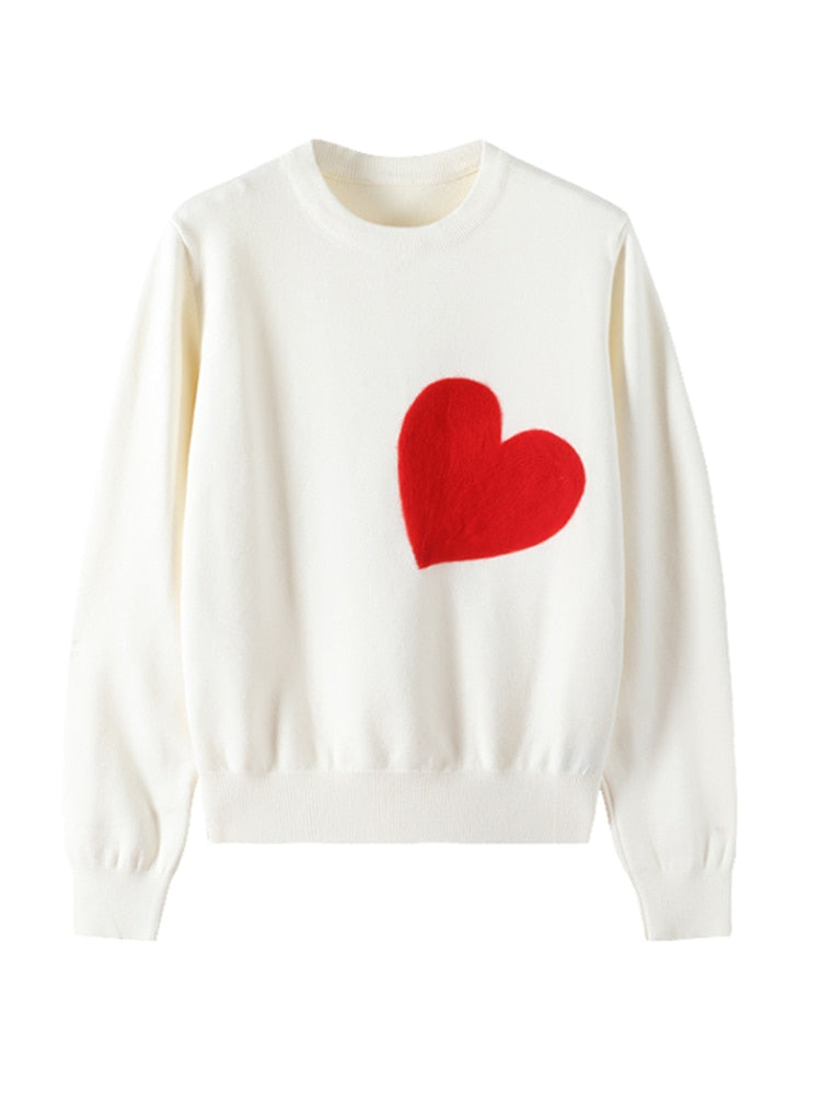 Valentine Sweater Minimalist | Women Knit Sweater Embroidery Red Heart O-Neck Simple Style Fall Spring Autumn Slim Pullover Harajuku