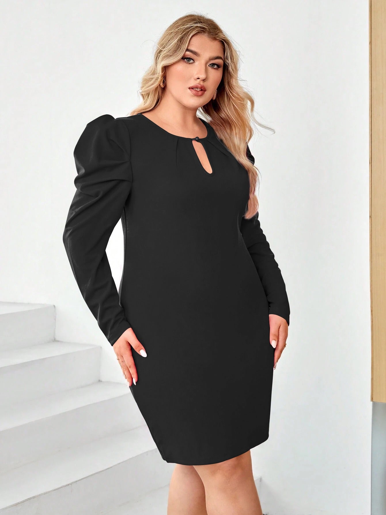 Henrietta Hollow Waist Wrap Hip Dress — Black Solid Knitted A-Line Short Skirt Dress for Women | Plus Size Fashion Dress with Hollow Out & Sheep Leg Sleeves