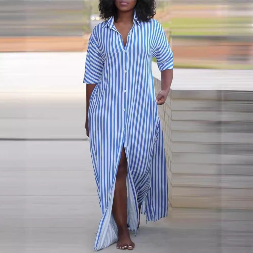 Mighty Lifestyle Loose V-Neck Long Striped Shirt Dress for Women