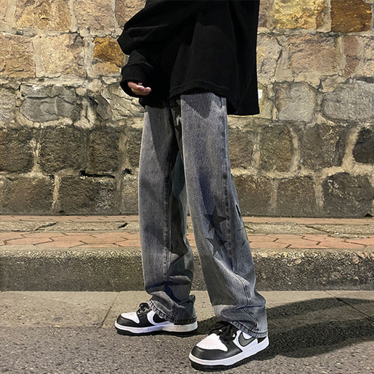 Star Smoke Gray Wide Leg Jeans  – Trendy High Street Vibe Pants, Loose Straight-Leg Streetwear Denim, Autumn & Winter FaAmerican high street Vibe pants Instagram trendy star smoke gray jeans men's and teens, loose straight leg wide leg pants