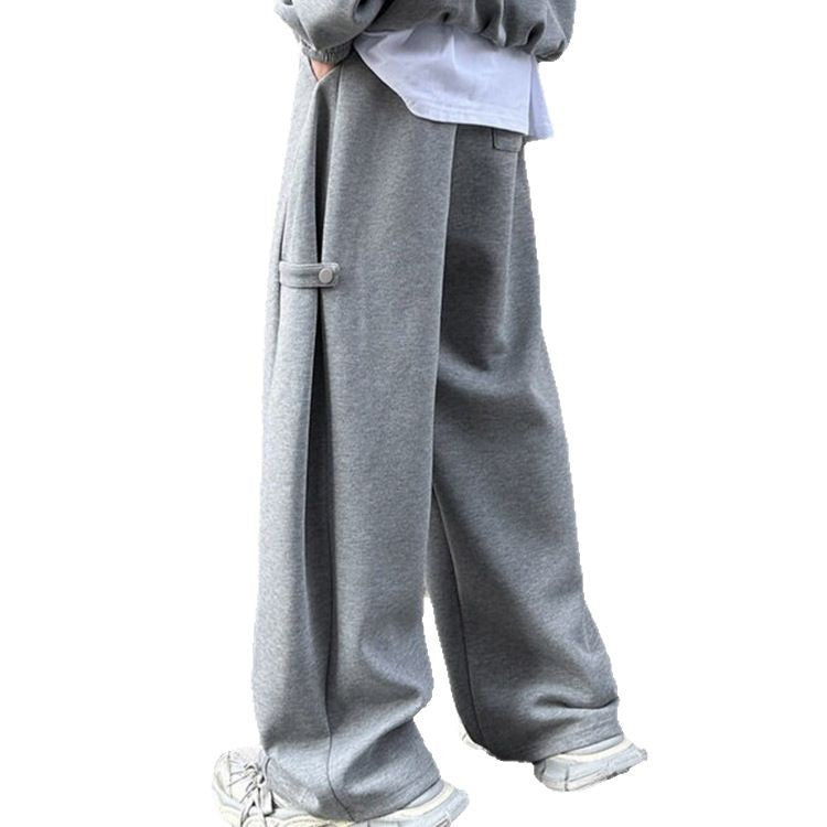 Men’s Grey Deconstruction Wide-Leg Sweatpants – Streetwear Curved Sword Track Pants in Light Gray or Black | Grey deconstruction sport curved sword sweatpants for men in spring