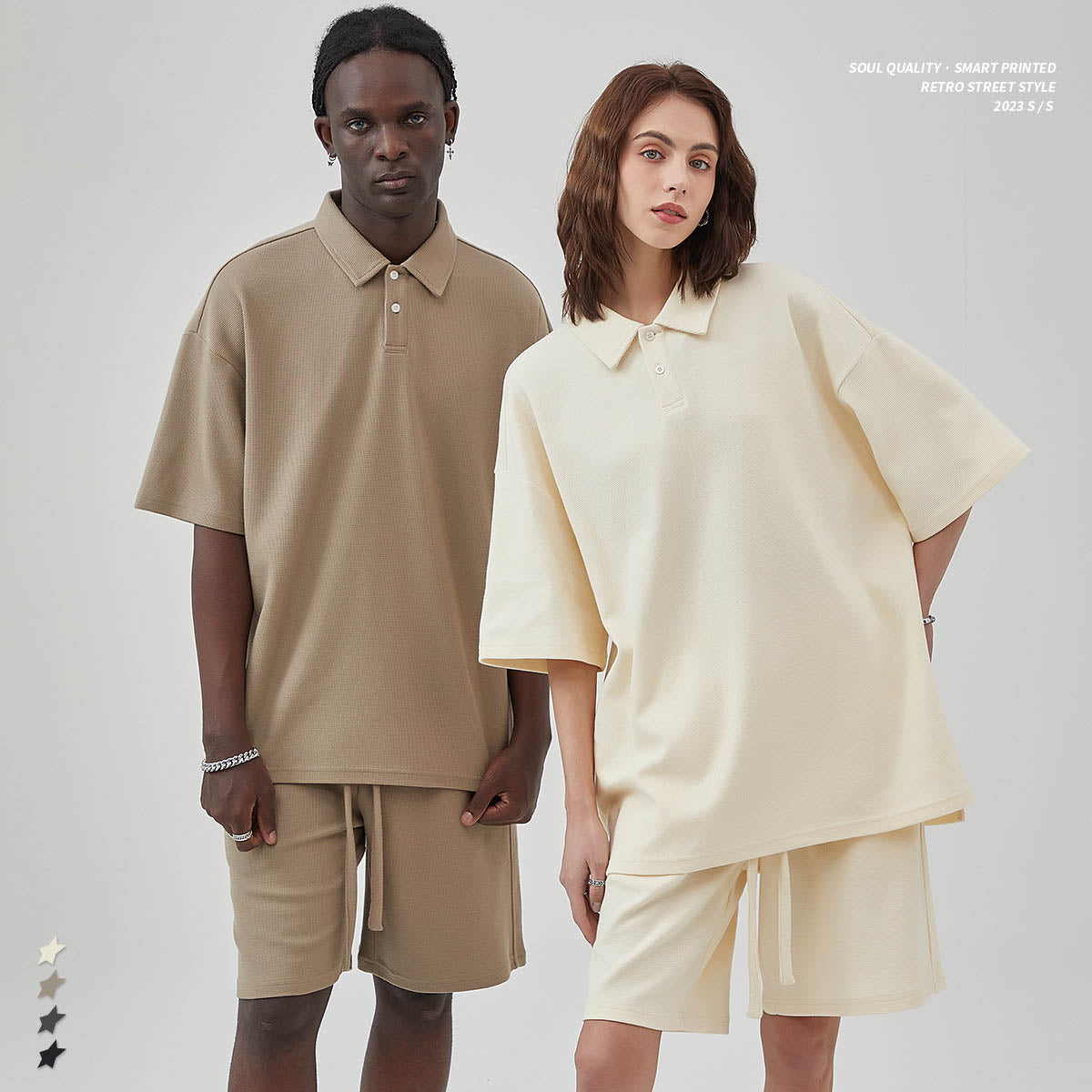 Mighty Lifestyle Minimalist Couple’s Set | Unisex Diamond Waffle Shorts Set | Loose Casual Top & Wide-Leg Shorts