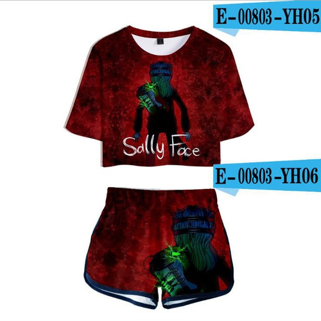 Sally Face Anime outfit | Manga | 3D Print Women Two Piece Outfits Conjunto Feminino Crop Top Elastic Waist Shorts Pants Sportwear Suits Matching Sets