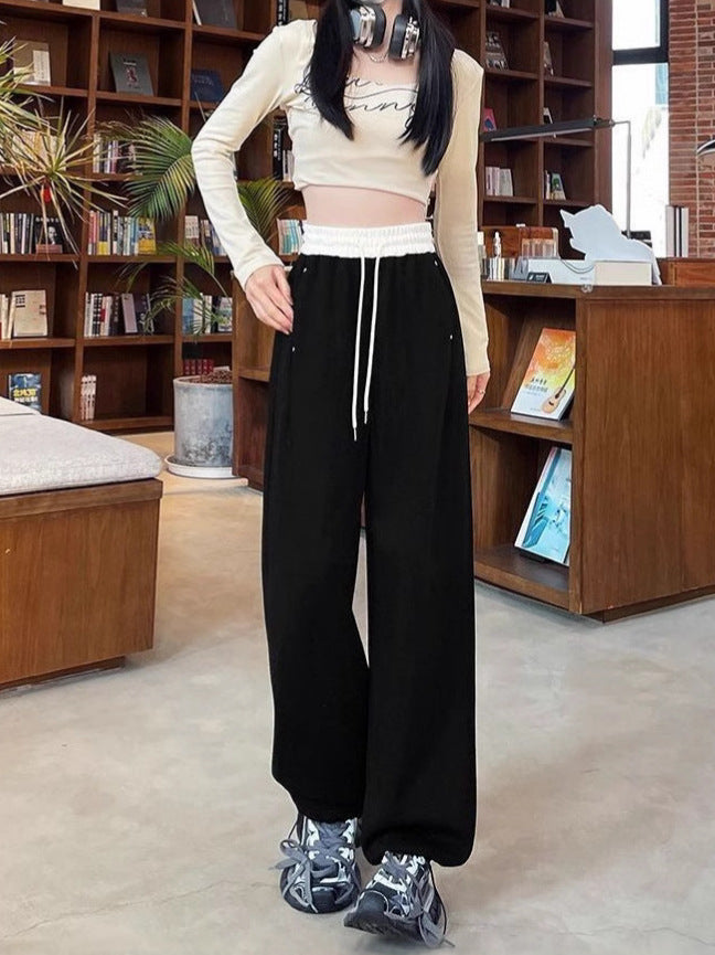 Women’s Color Block Wide-Leg Sweatpants – High Waist Cuffed Loose Fit Casual Pants for Everyday Streetwear | Color Block Sweatpants for Women,  All-Match Cuffed Casual Loose Slim Wide-Leg Scissors Pants with Vertical Feel Long Pants