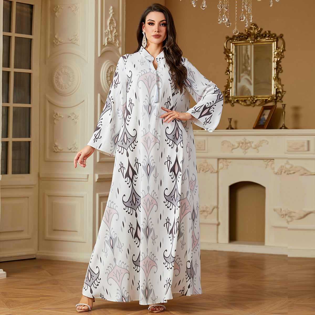 Classy Moo Moo Lounge Kaftan for Women – Loose Sleep Dress, Long Robe House Dress, Boho Ethnic Tribal Print MuuMuu – Comfortable Relaxed Fit Long Sleeve Maxi Dress