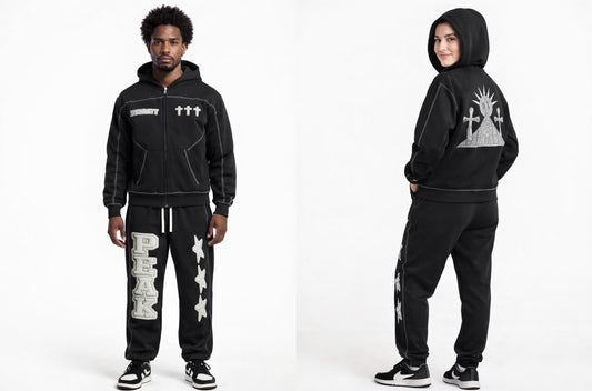 Dynasty Stars Contrast-Stitched Boxy Fleece Zip Hoodie – Unisex Oversized Streetwear Hoodie for Fall Winter, Matching Peak Stars Sweatpants Set Faith Based Apparel Inspirational