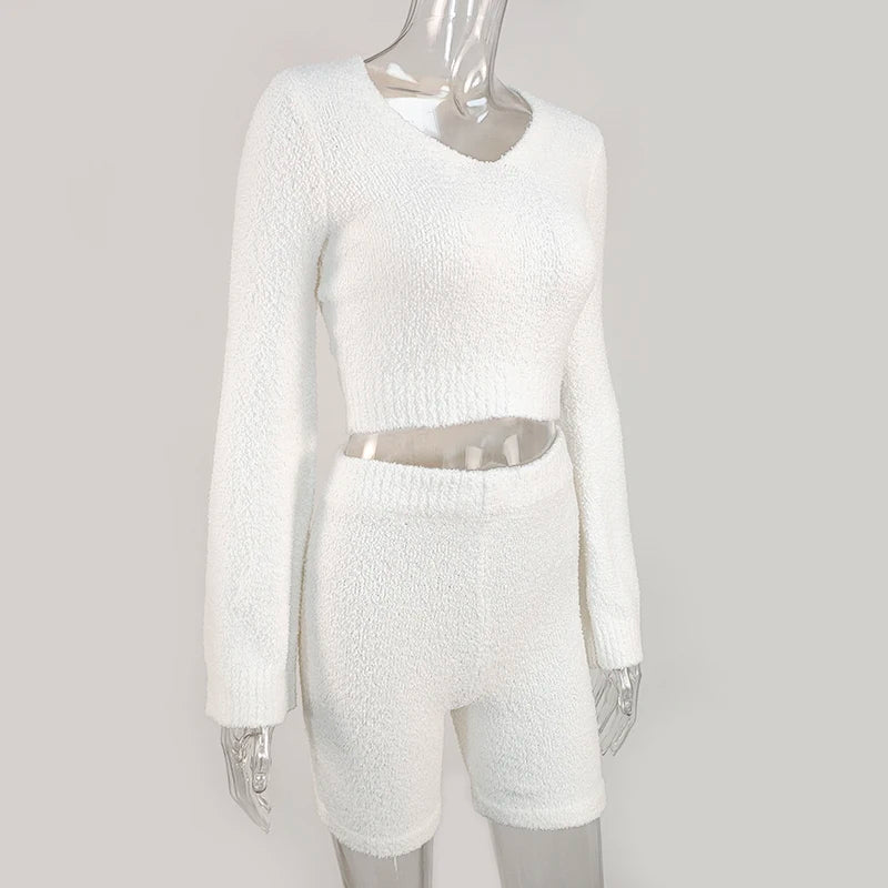 The Tiffany Lounge Set |  Casual Two Piece Sets Flare Sleeve Sweatshirts 2 Piece Shorts Set Sexy Fluffy Suits Lounge Set