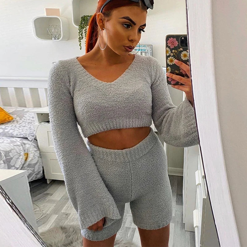 The Tiffany Lounge Set |  Casual Two Piece Sets Flare Sleeve Sweatshirts 2 Piece Shorts Set Sexy Fluffy Suits Lounge Set