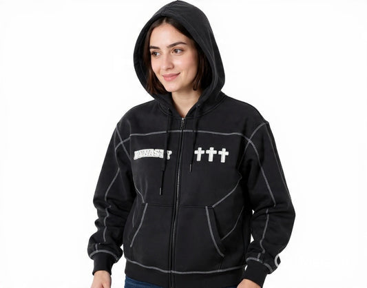 Dynasty Stars Contrast-Stitched Boxy Fleece Zip Hoodie – Unisex Oversized Streetwear Hoodie for Fall Winter, Matching Peak Stars Sweatpants Set Faith Based Apparel Inspirational