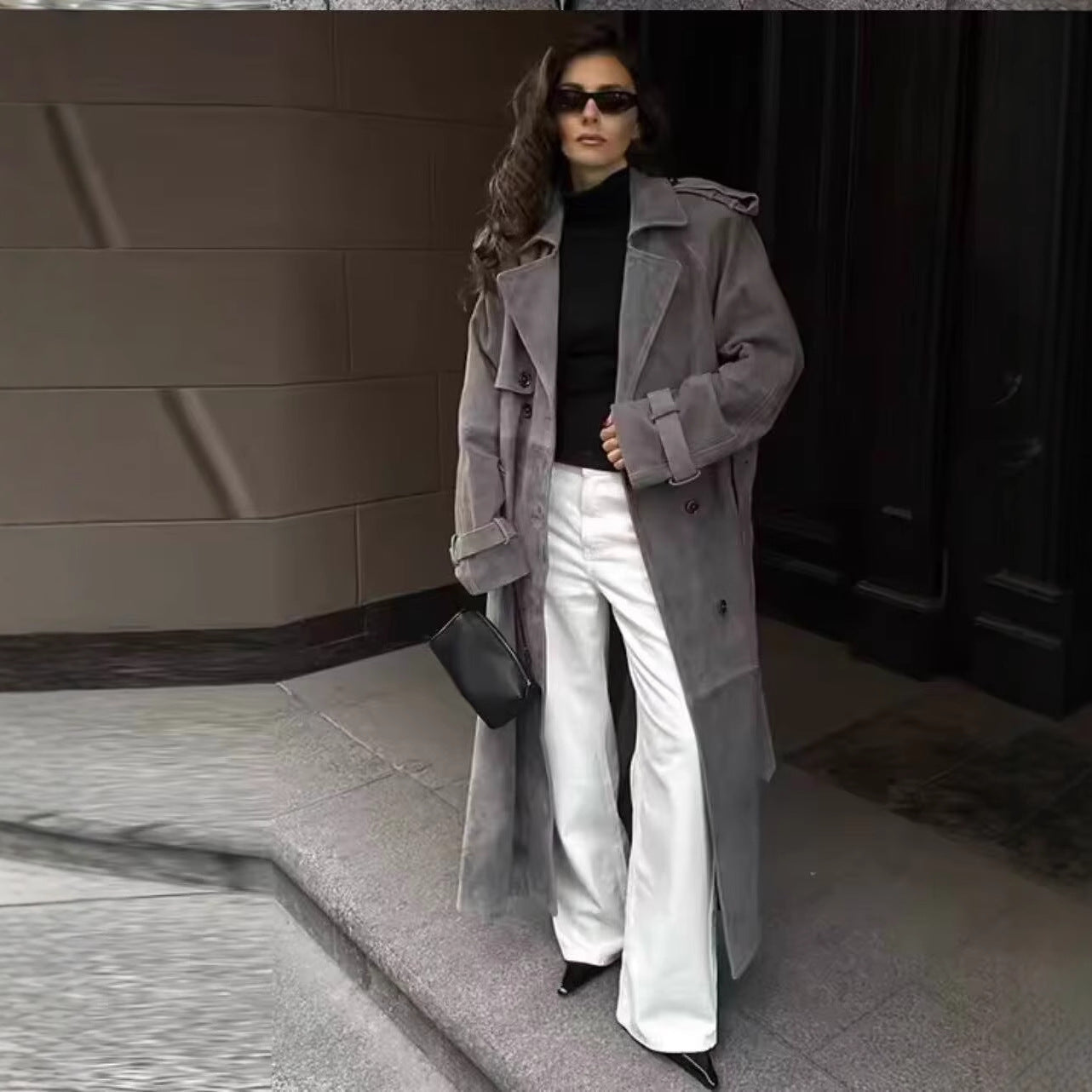 Women’s Long Belted Trench Coat – Double-Breasted Loose Fit Overcoat | Elegant Fall & Spring Outerwear in Coffee or Gray Casual Loose Belted Trench Coat for Women