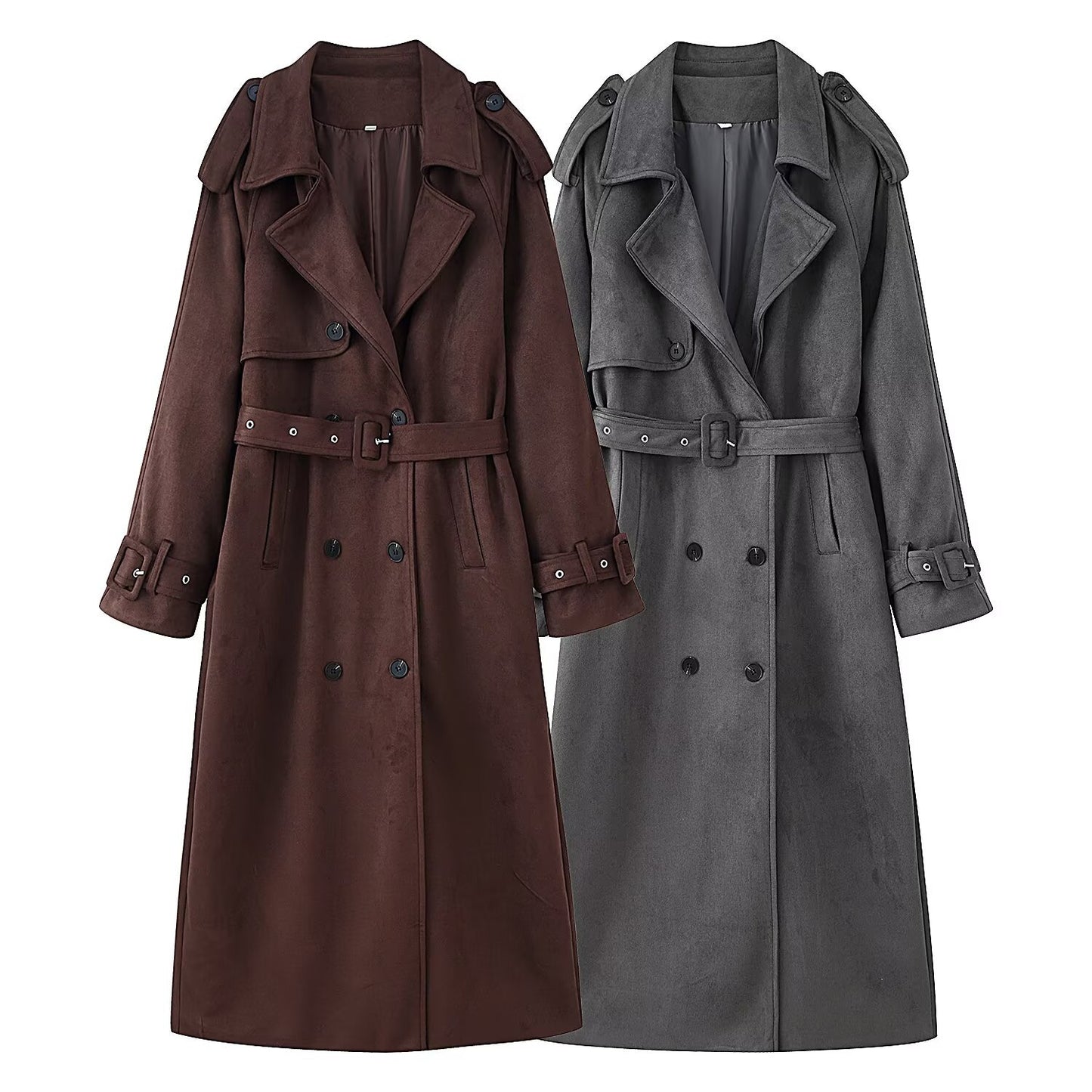 Women’s Long Belted Trench Coat – Double-Breasted Loose Fit Overcoat | Elegant Fall & Spring Outerwear in Coffee or Gray Casual Loose Belted Trench Coat for Women