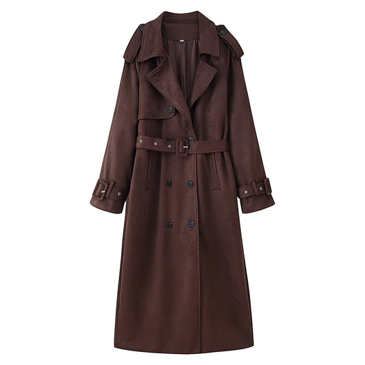 Women’s Long Belted Trench Coat – Double-Breasted Loose Fit Overcoat | Elegant Fall & Spring Outerwear in Coffee or Gray Casual Loose Belted Trench Coat for Women