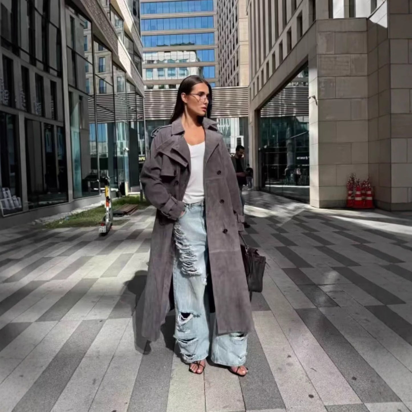 Women’s Long Belted Trench Coat – Double-Breasted Loose Fit Overcoat | Elegant Fall & Spring Outerwear in Coffee or Gray Casual Loose Belted Trench Coat for Women