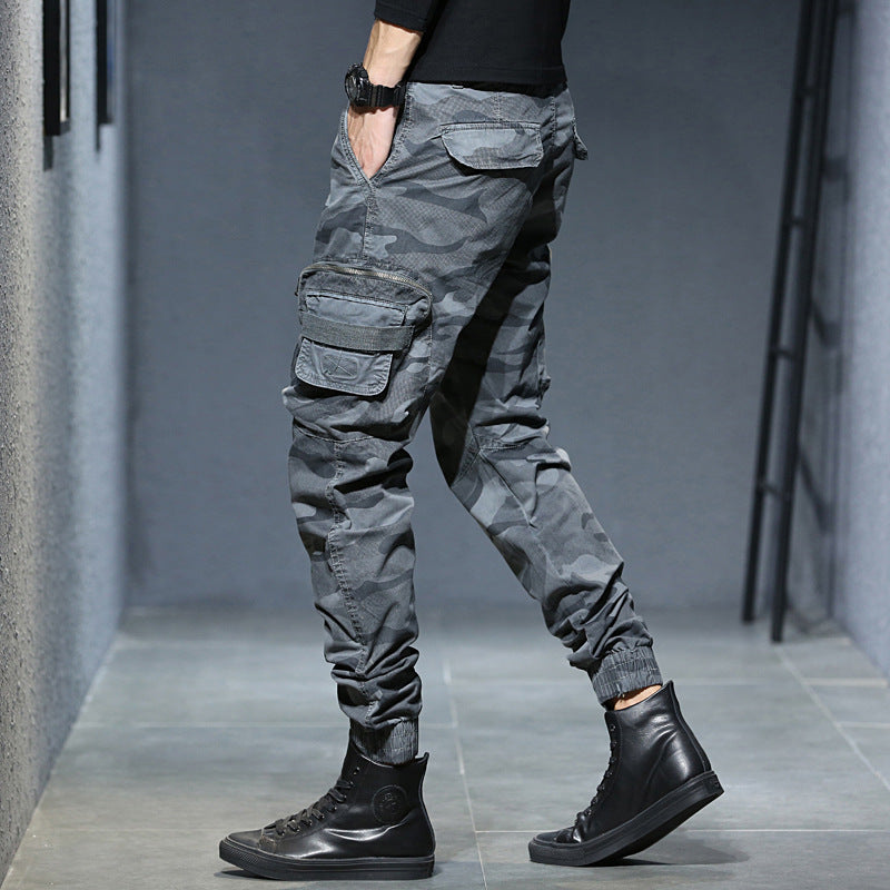 Trendy men's casual pants camouflage cargo pants autumn and winter slim show high military style bunches of foot pants