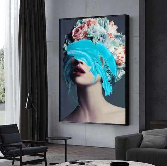 Abstract Face Portrait | Modern Art Feather Woman Abstract Fashion Style Canvas Painting Art Print Poster Picture Frame Wall Living Room Home Decor - Mighty Lifestyle