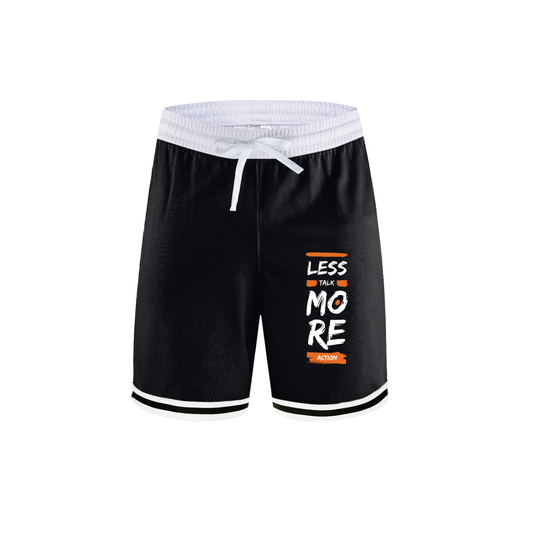 Less Talk More Action Classic Stripe Trim Basketball Shorts, Less talk more action shorts, motivational basketball shorts, stripe trim basketball shorts, mens basketball shorts, black basketball shorts, gym shorts men, workout shorts men, breathable sport