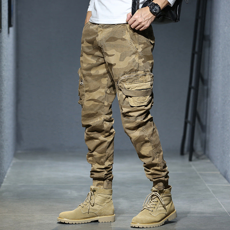 Trendy men's casual pants camouflage cargo pants autumn and winter slim show high military style bunches of foot pants