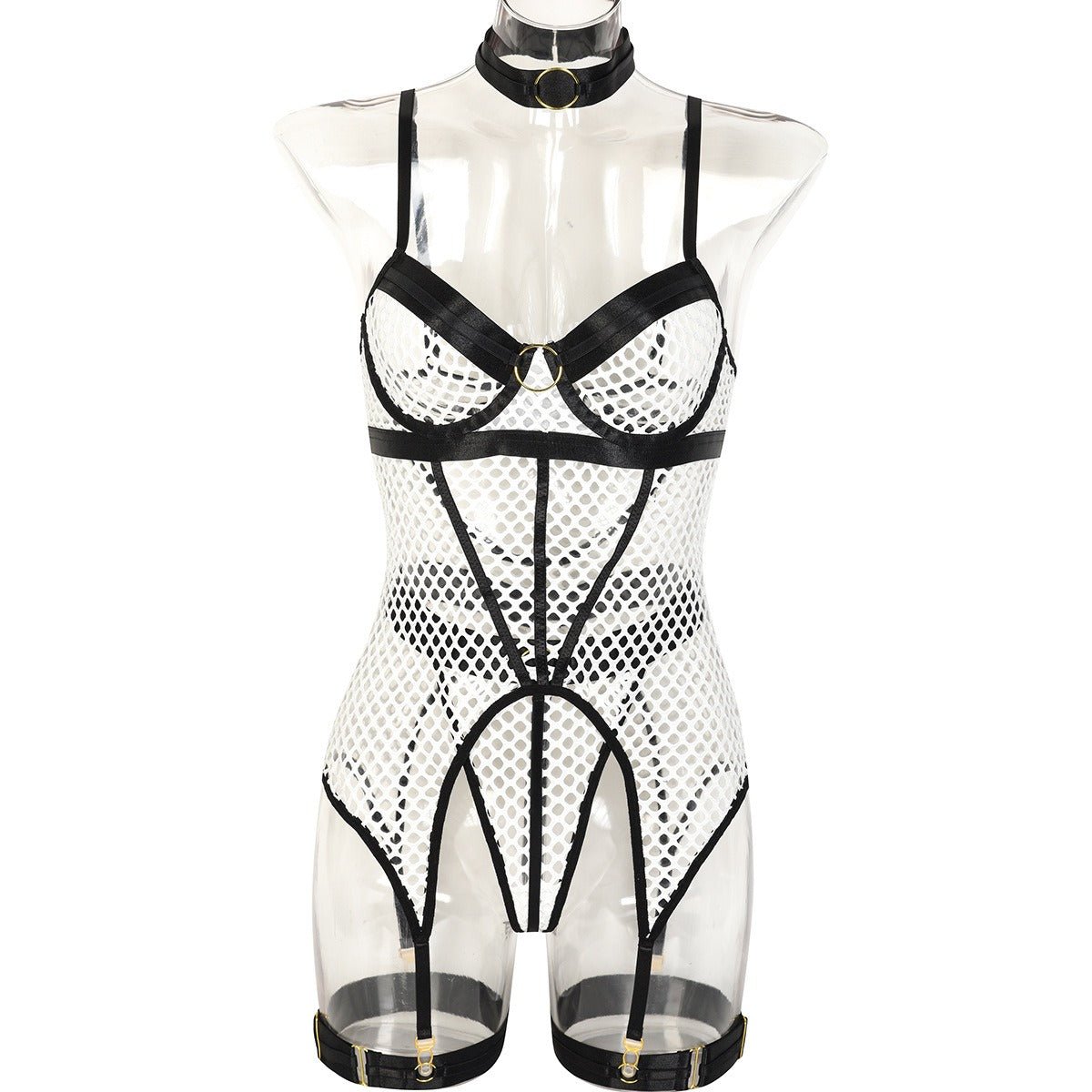 Baddie Lingerie Skirt | 3 Piece Set of Quick Selling Popular Large Mesh Splice with Steel Ring Hanging Neck and Leg Ring Underwear 3367 - Mighty Lifestyle
