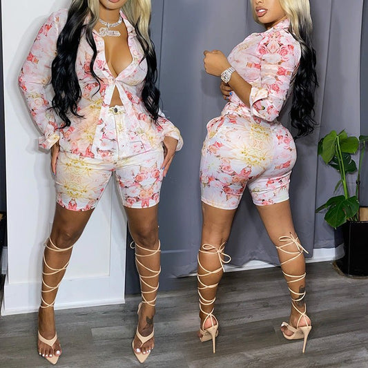Baddie Outfit | Casual Shorts Suit Sexy Printed Shirt Two Piece Women's Clothes - Mighty Lifestyle