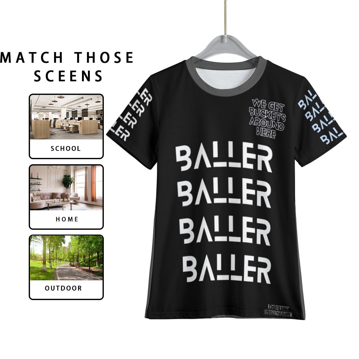 Baller We Get Buckets Youth Basketball Shirt Kid's T-Shirt | Mighty Lifestyle Basketball - Mighty Lifestyle