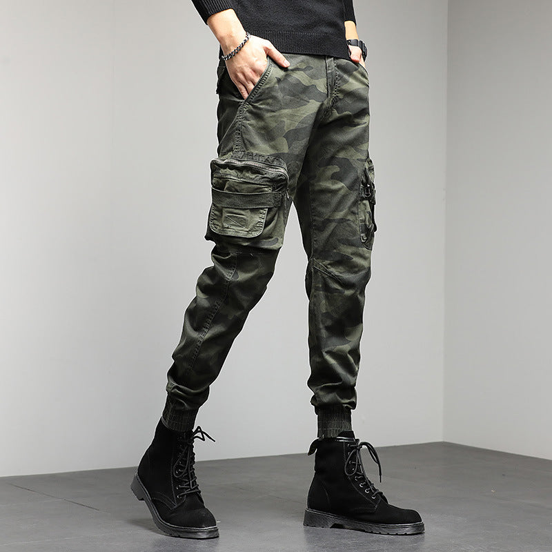 Trendy men's casual pants camouflage cargo pants autumn and winter slim show high military style bunches of foot pants