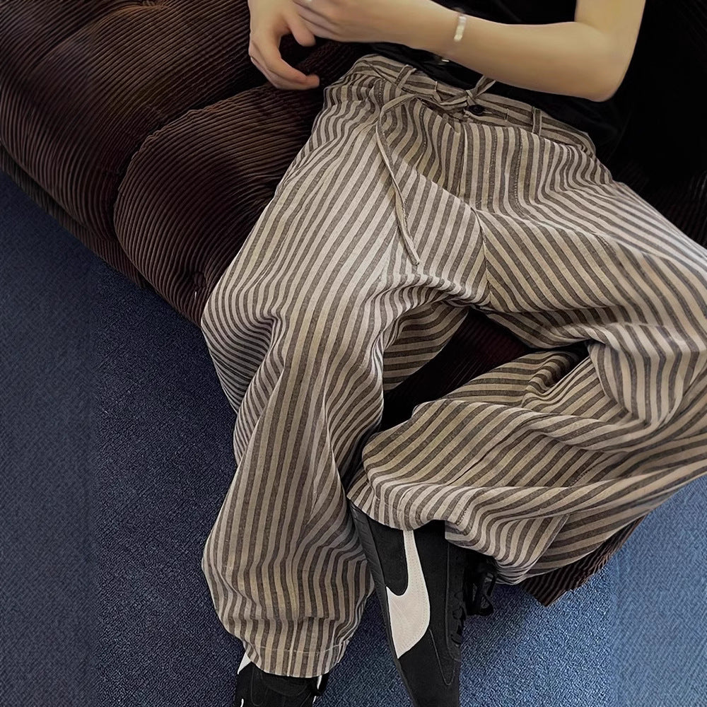Spring and autumn laid-back, relaxed, loose vertical striped, versatile casual straight-leg pants, floor-length pants for men