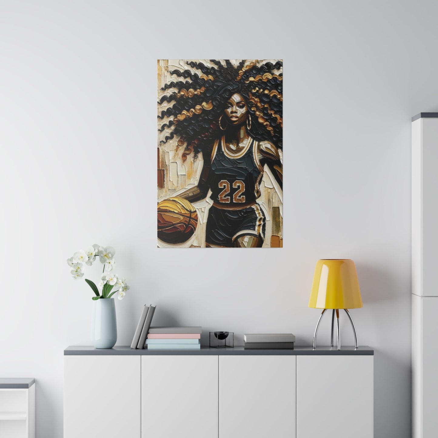 BLACK AFRO BALLER Female | Black Woman Basketball Player Oil Painting | Sports Fanatic | Black Art | Matte Canvas, Stretched, 0.75" - Mighty Lifestyle