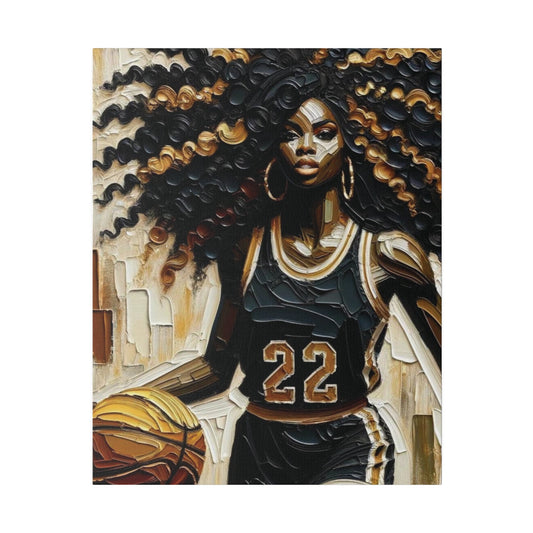 BLACK AFRO BALLER Female | Black Woman Basketball Player Oil Painting | Sports Fanatic | Black Art | Matte Canvas, Stretched, 0.75" - Mighty Lifestyle