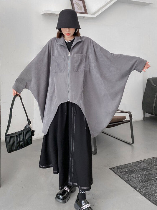 Black Drawstring Big Size Irregular Jacket New Stand Collar Batwing Sleeve Women Coat Fashion Spring Autumn - Mighty Lifestyle