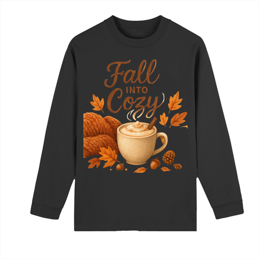 Fall Into Cozy Crew Neck Long Sleeve Shirt – Unisex Drop Shoulder Cotton Top for Autumn & Winter Comfort | Fall Into Cozy Comfy Crew Neck Drop Shoulder Long Sleeve Shirt Winter Shirt Thanksgivings Shirt
