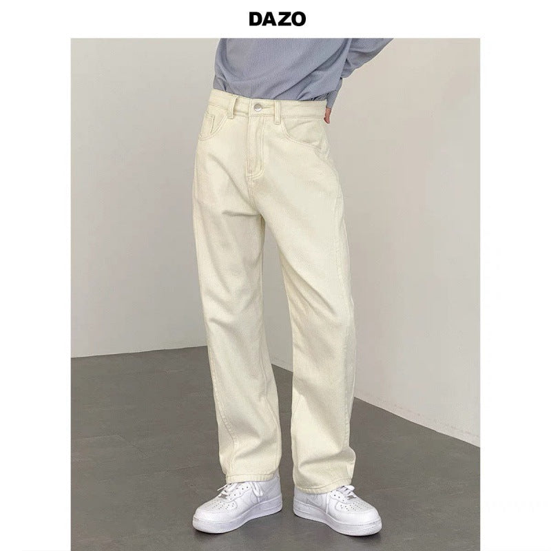 Loose pants handsome jeans men straight leg beige casual pants with classic version retro trend pants for hair