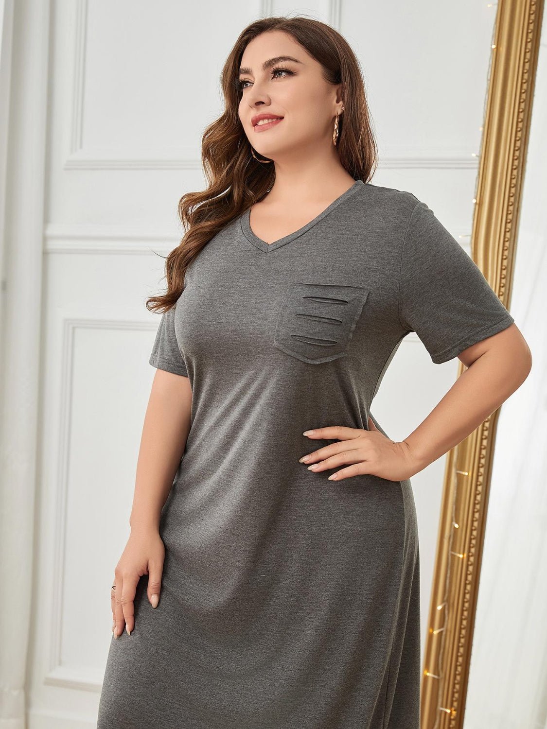 Casual Lounge Minimalist Plus Size Pocketed V - Neck Short Sleeve Lounge Dress Miami - Mighty Lifestyle