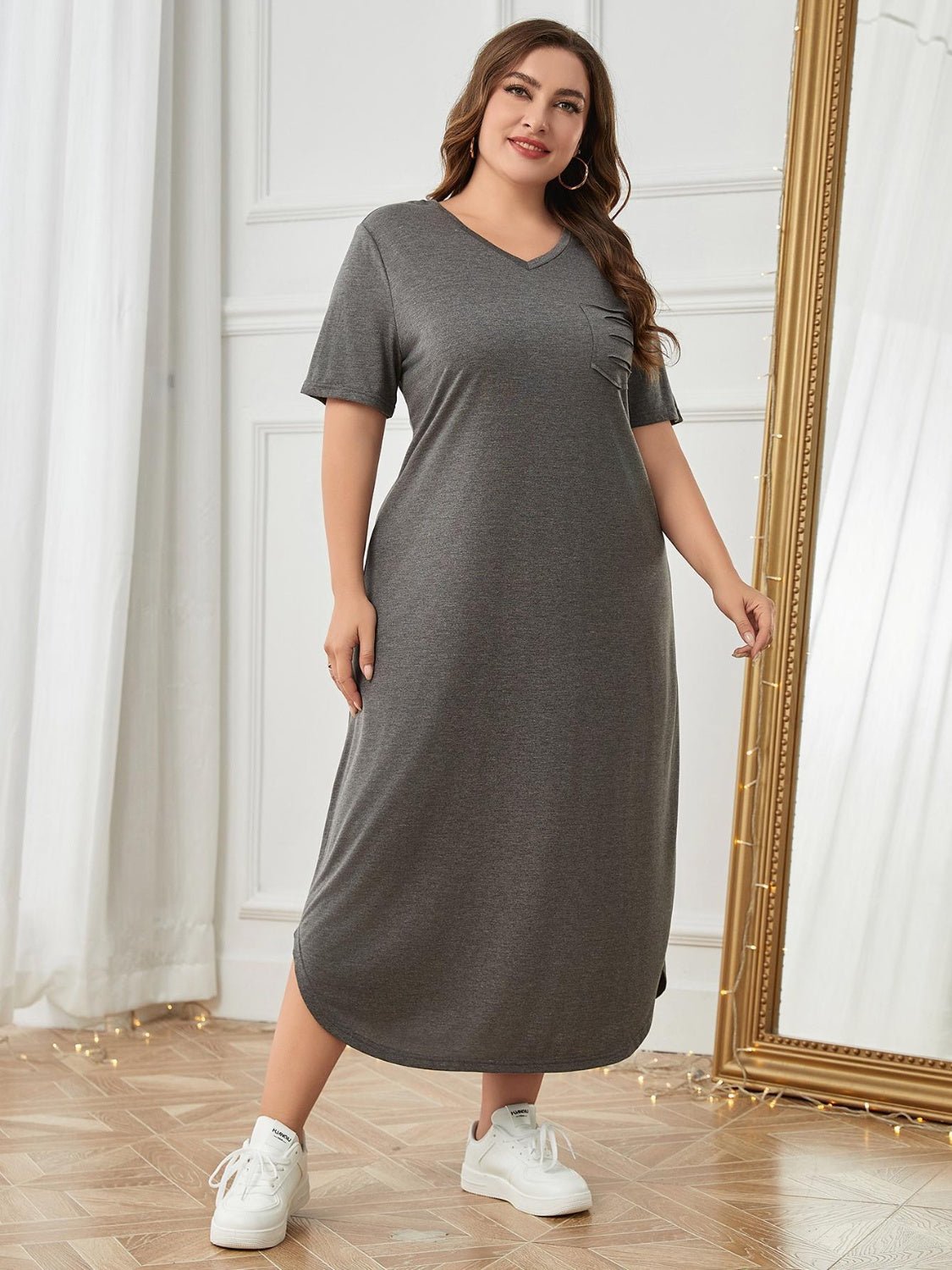 Casual Lounge Minimalist Plus Size Pocketed V - Neck Short Sleeve Lounge Dress Miami - Mighty Lifestyle