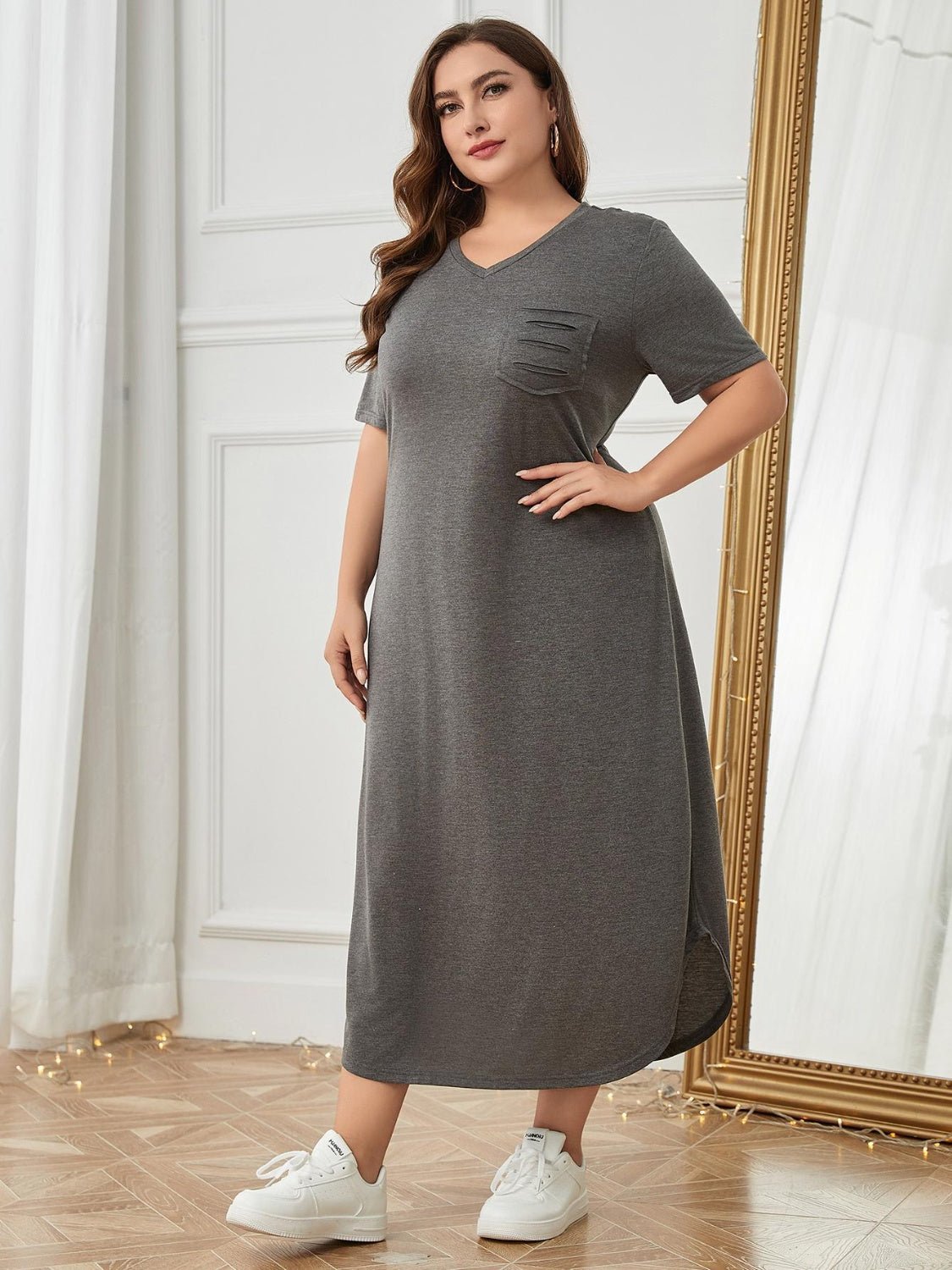 Casual Lounge Minimalist Plus Size Pocketed V - Neck Short Sleeve Lounge Dress Miami - Mighty Lifestyle