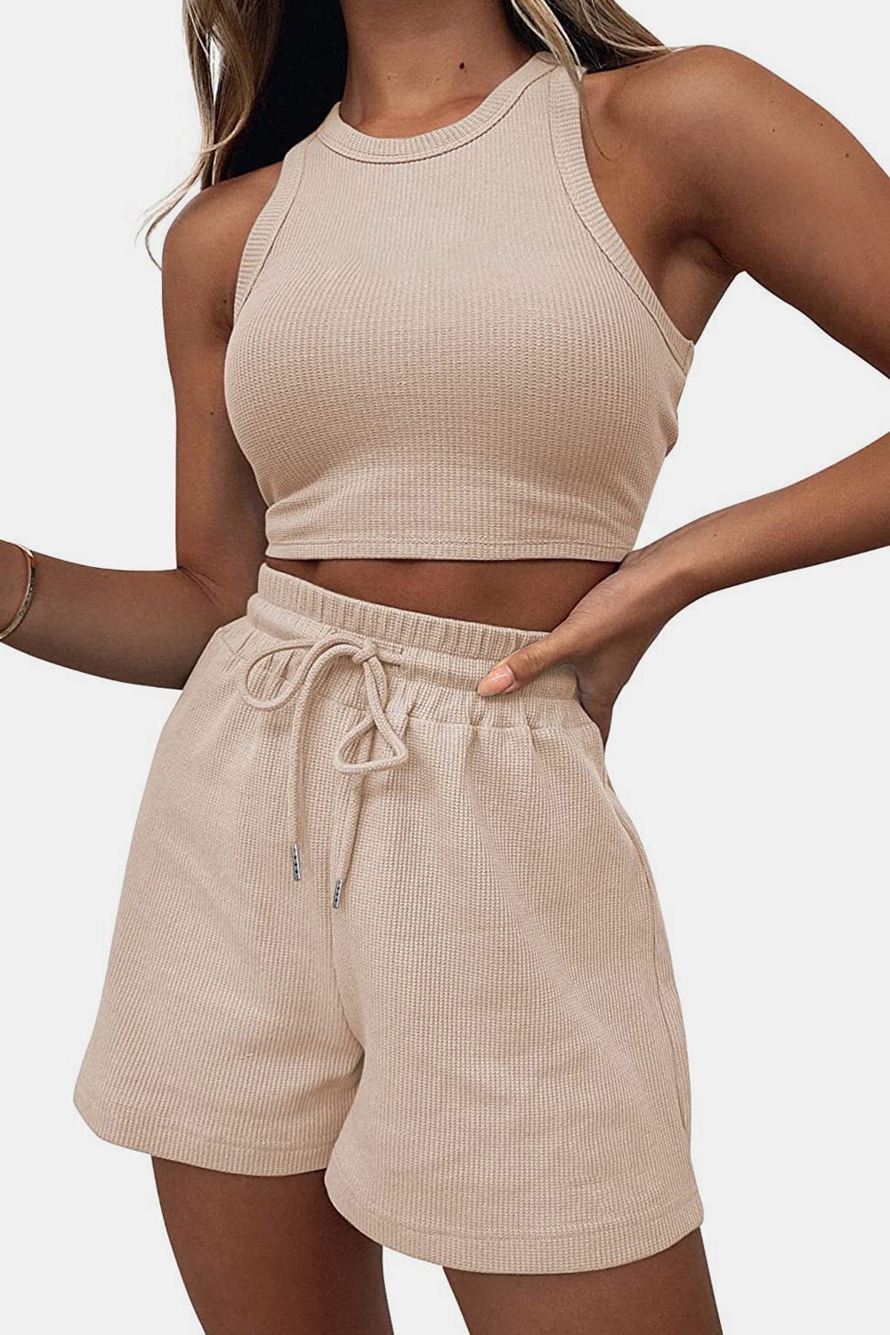Cheri’s Round Neck Top and Drawstring Shorts Set - Mighty Lifestyle