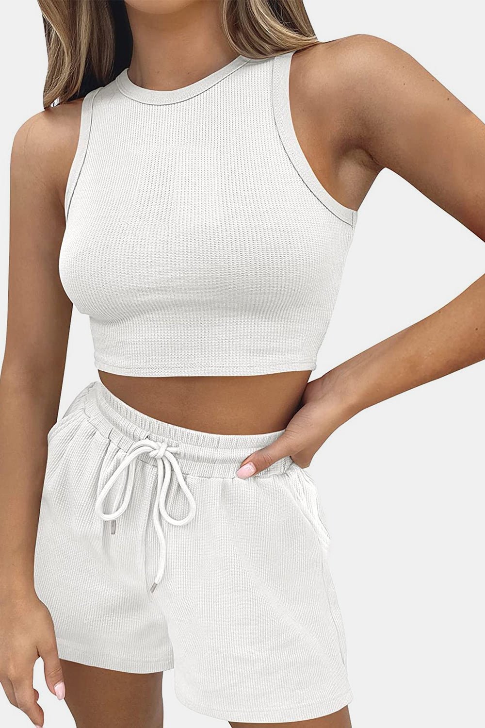 Cheri’s Round Neck Top and Drawstring Shorts Set - Mighty Lifestyle