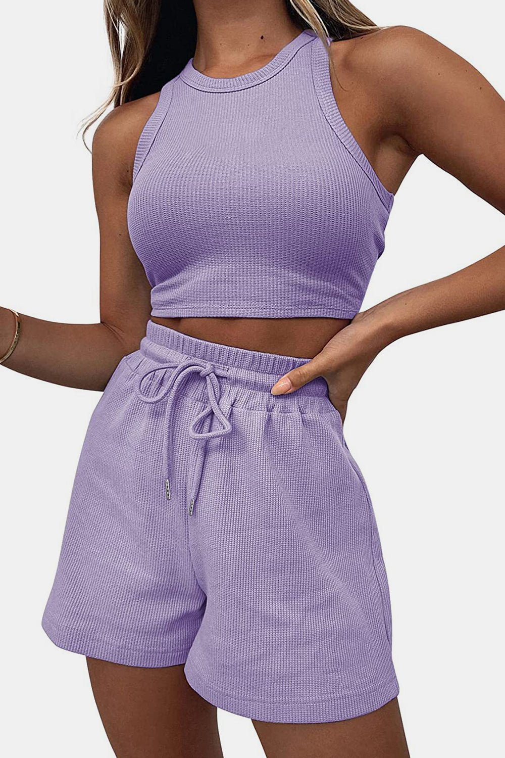Cheri’s Round Neck Top and Drawstring Shorts Set - Mighty Lifestyle