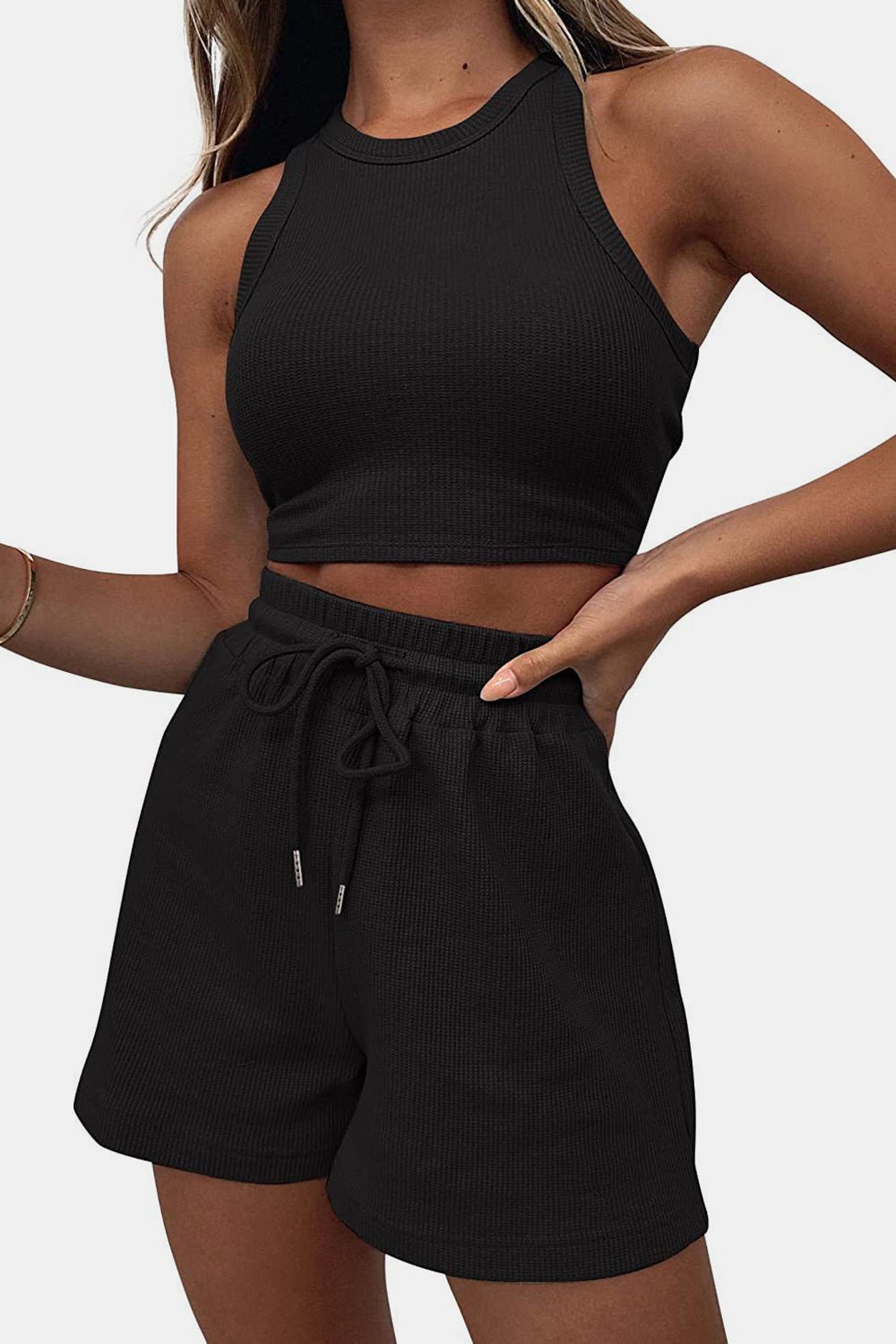 Cheri’s Round Neck Top and Drawstring Shorts Set - Mighty Lifestyle