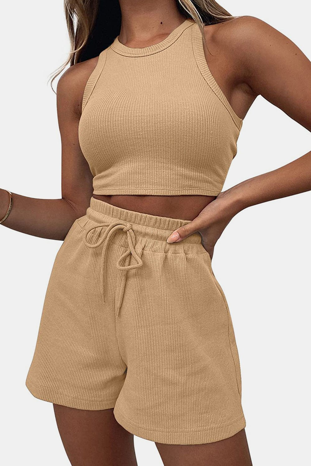 Cheri’s Round Neck Top and Drawstring Shorts Set - Mighty Lifestyle