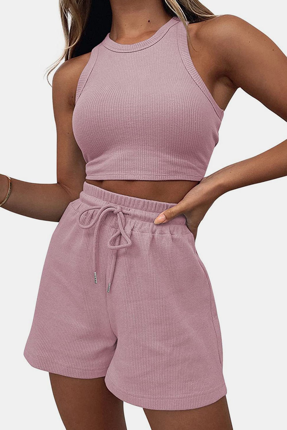 Cheri’s Round Neck Top and Drawstring Shorts Set - Mighty Lifestyle