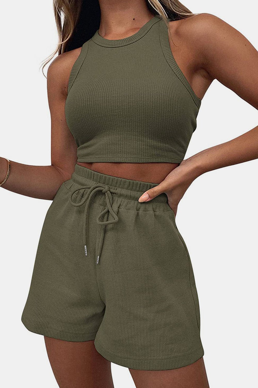 Cheri’s Round Neck Top and Drawstring Shorts Set - Mighty Lifestyle