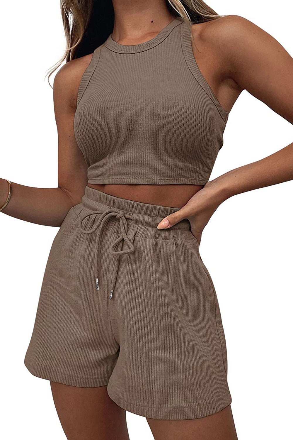 Cheri’s Round Neck Top and Drawstring Shorts Set - Mighty Lifestyle