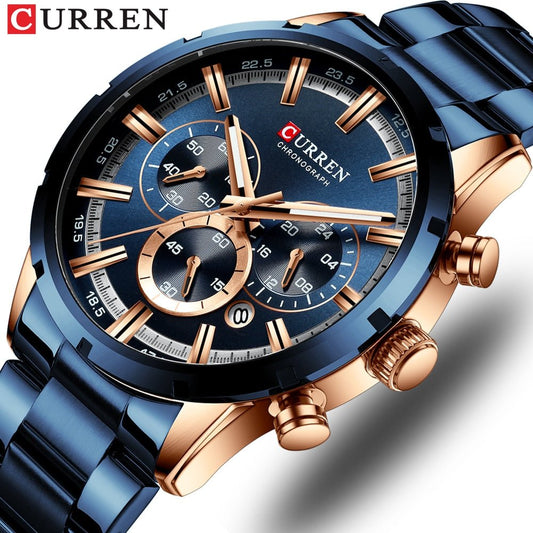 CURREN WATCH } New Fashion Watches with Stainless Steel Top Brand Luxury Sports Chronograph Quartz Watch Men Relogio Masculino - Mighty Lifestyle