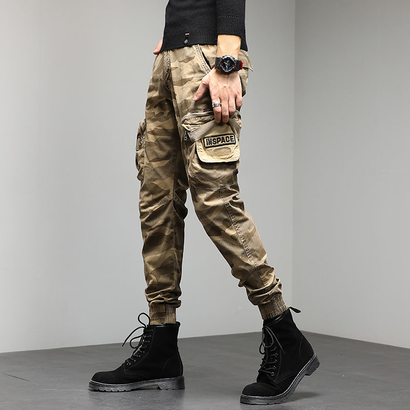 Trendy men's casual pants camouflage cargo pants autumn and winter slim show high military style bunches of foot pants