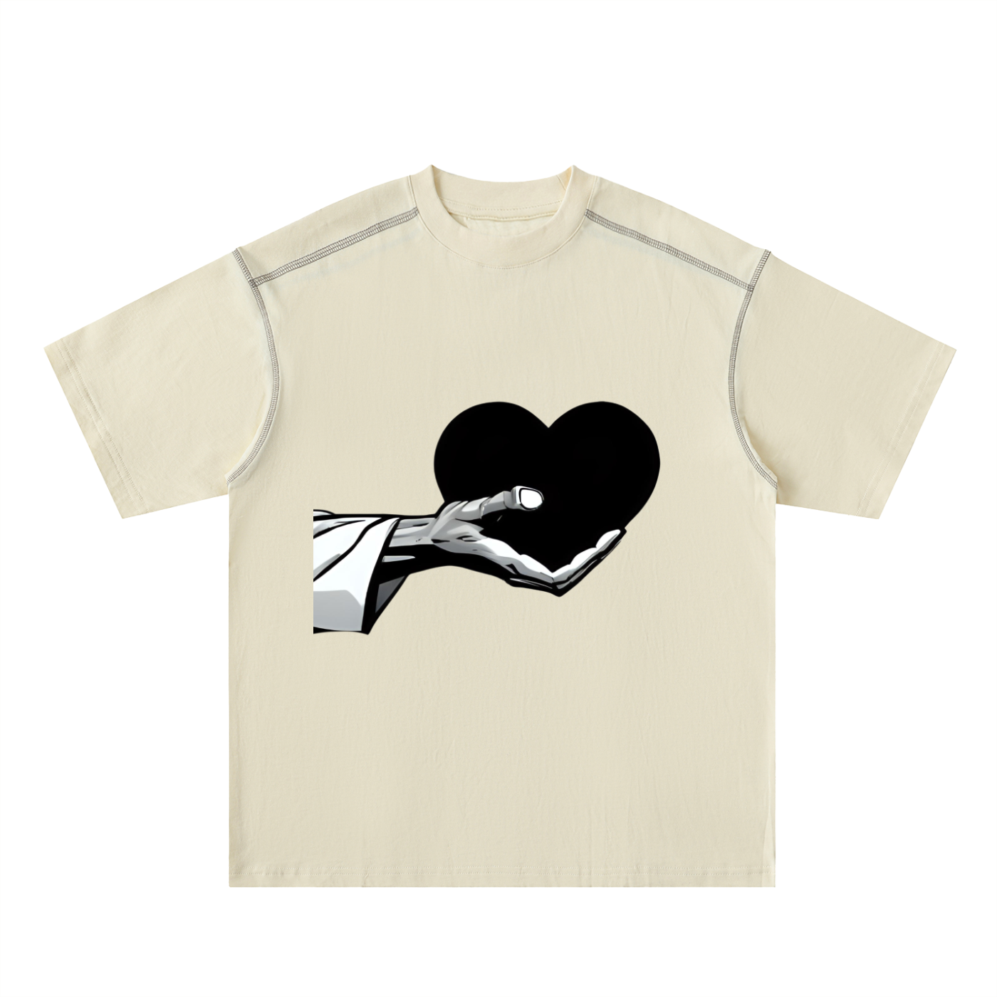 Black Heart in Hand Oversized Contrast-Stitched Cotton Tee | Black Heart in Hand Graphic Tee – Oversized Contrast Stitch Angelic Warrior Shirt for Men & Women | Streetwear Cotton T-Shirt