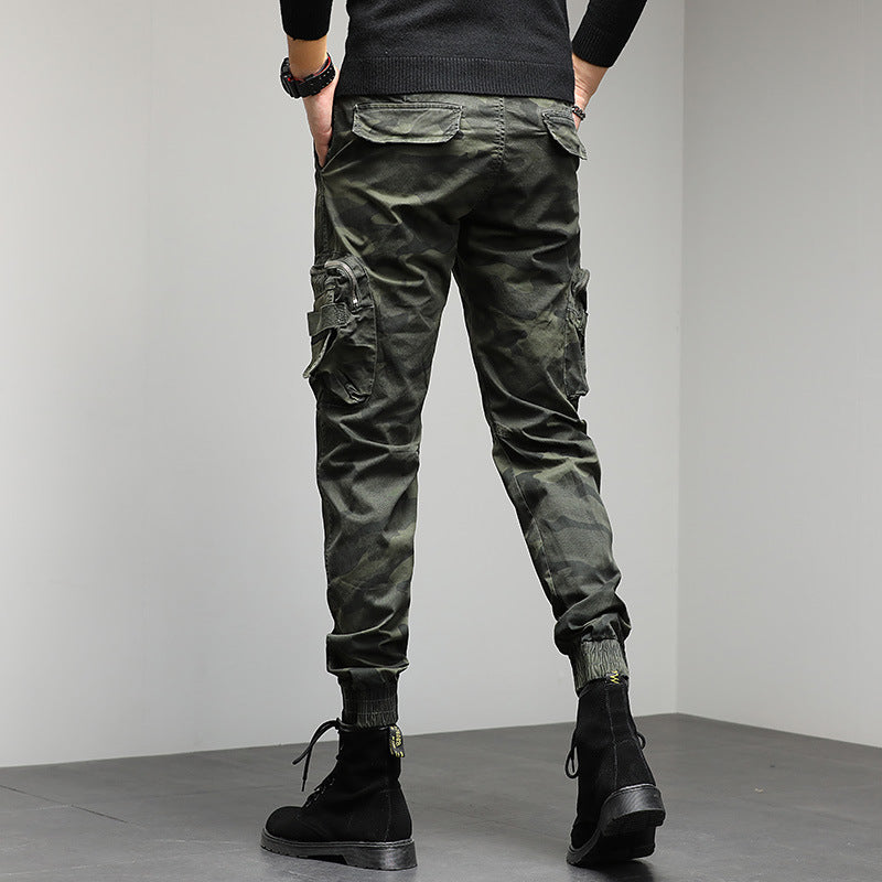 Trendy men's casual pants camouflage cargo pants autumn and winter slim show high military style bunches of foot pants